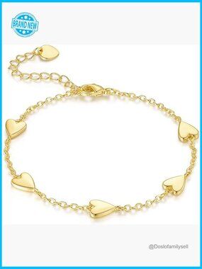 14K Gold Heart Charm Bracelet Elegant Classic Link Chain Lobster Clasp